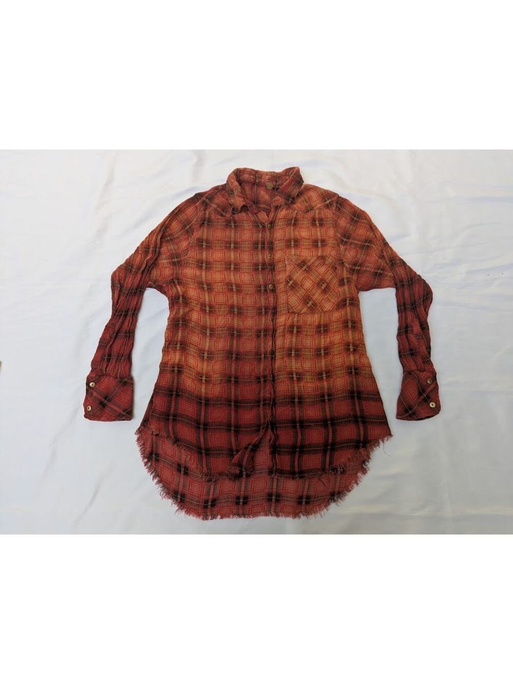 Free People One Grunge Ombré Red Plaid Button Long Sleeve Shirt Tunic Top Sz S
